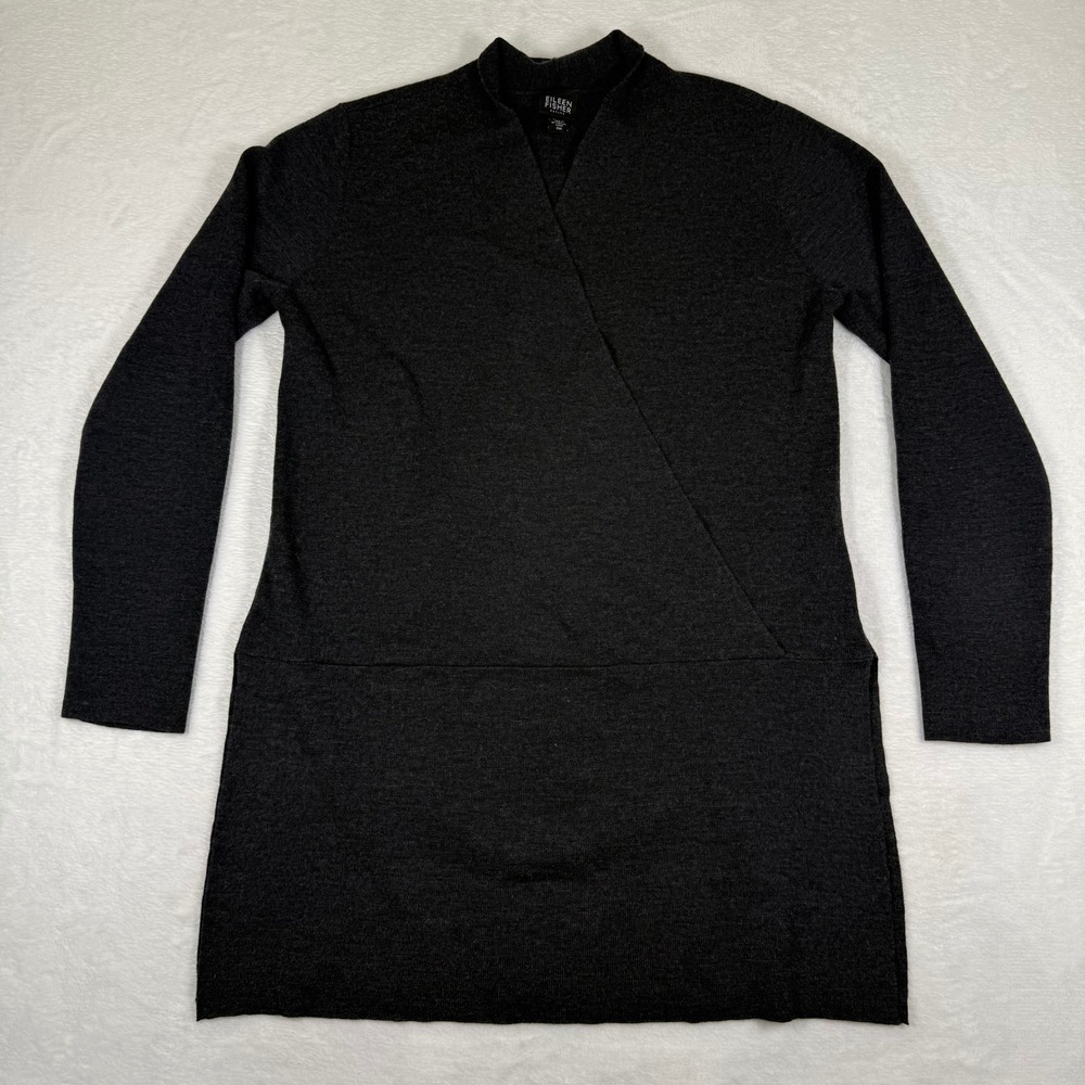 Eileen‎ Fisher Petite Medium Charcoal Gray 100% Merino Wool V-Neck Tunic Sweater